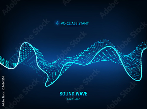 Voice assistant concept, sound wave. Vector equalizer. Microphone voice control technology, voice and sound recognition. High-tech AI assistant voice, background wave flow. Vector illustration