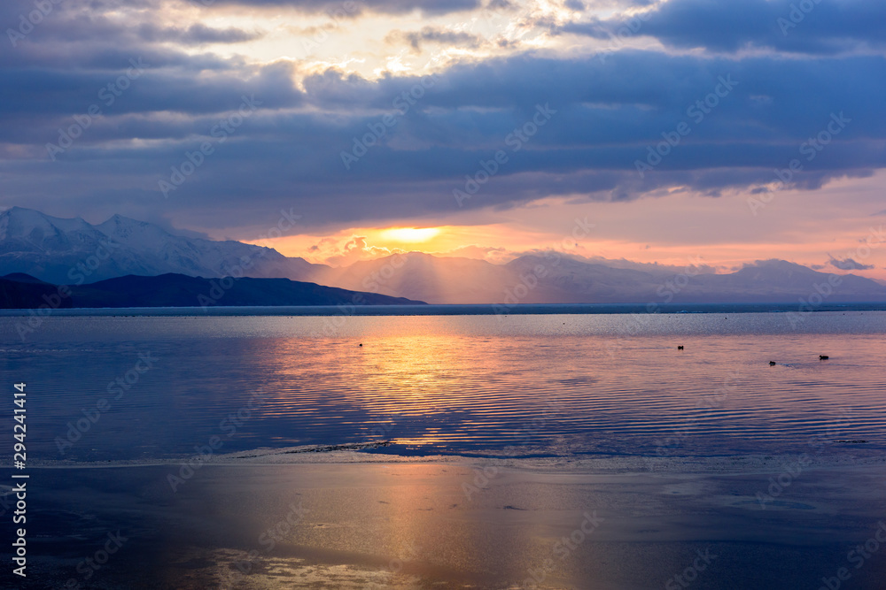 Dawn of the sun, early morning on Lake Manasarovar.
