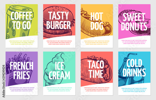 Fast food flyers. Coffee  burger and hotdog  pies and fries  ice cream and cola  sandwich. Restaurant posters vector set