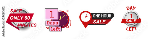 Sale countdown badges set. Isolated collection offer banners, sales only 60 minutes, 1 day. Sale promo stickers. Vector illustration business limited, special promotions.