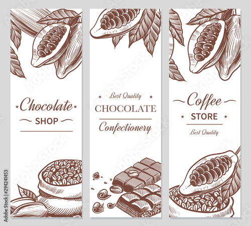 Cocoa and chocolate banners. Sketch cacao and coffee seeds, chocolate bars and candies. Hand drawn sweets, coffee shop vector flyers