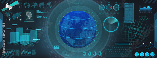 GUI earth globe in HUD style. Futuristic interface and hologram Earth globe. Command center dashboard, Futuristic User Interface HUD. Scan of the globe. Vector illustration fui, world map.