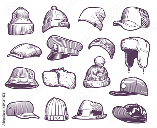 Sketch hats. Fashion mens caps design. Sports and knitted, baseball and trucker cap, seasonal headwear drawing vector collection
