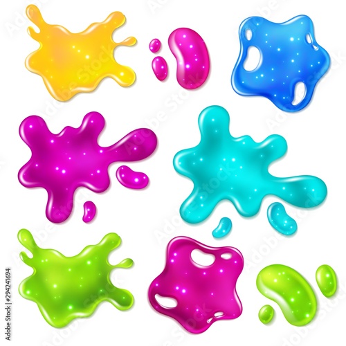 Color slimes. Glossy goo yellow, purple, green and blue slime blots. Girly dripping toys vector isolated set