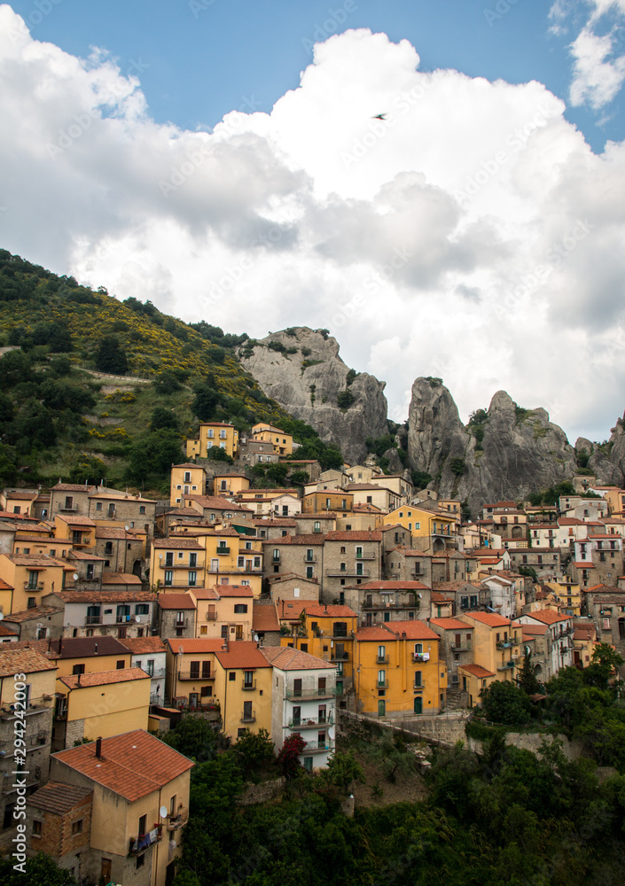Obraz premium Panoramic view of Castelmezzano, tipical italian little village on appenini mountains, province of Potenza, in the Southern Italian region of Basilicata