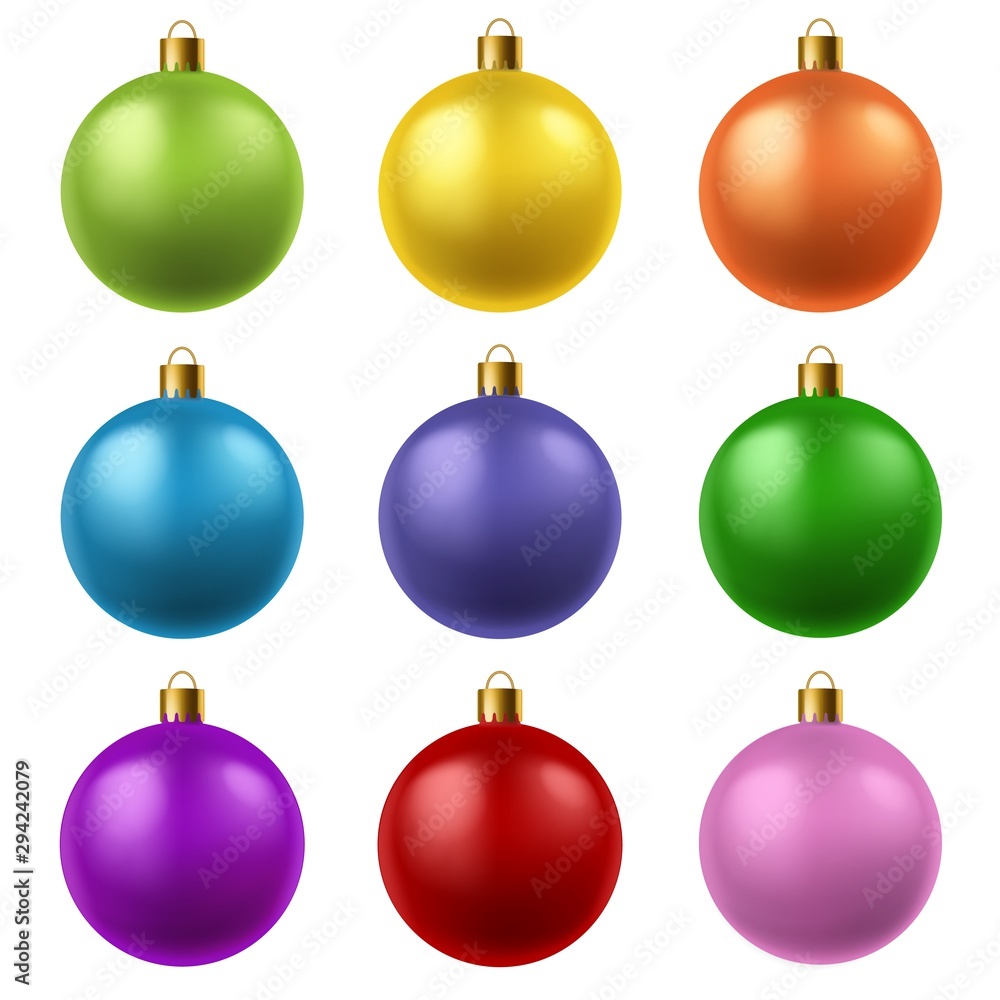 Realistic christmas balls. Colorful glass xmas tree hanging toys. Winter holiday vector isolated set