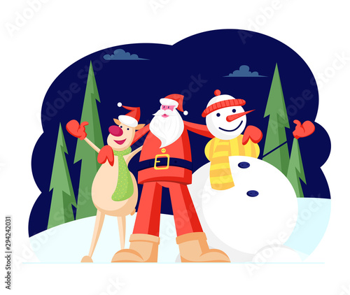 Adorable Christmas Characters Santa Claus Hugging Reindeer and Snowman in Knitted Scarf and Hat Singing Song on Night Snowy Forest Background. Winter Season Holidays Cartoon Flat Vector Illustration