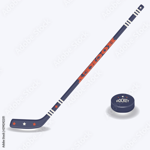 Hockey stick and puck - isolated on white background - vector. Winter sport