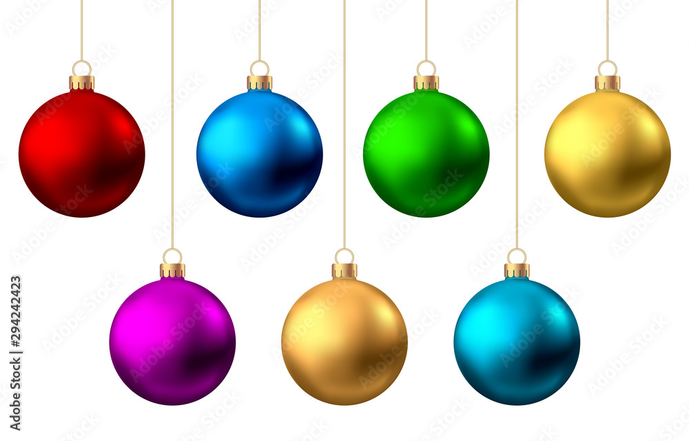 Realistic red, gold, silver, blue, green, pink, purple Christmas balls. Realistic red, gold, silver, blue, green, pink, purple Christmas balls.