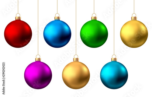 Realistic  red, gold, silver, blue, green, pink, purple   Christmas  balls.