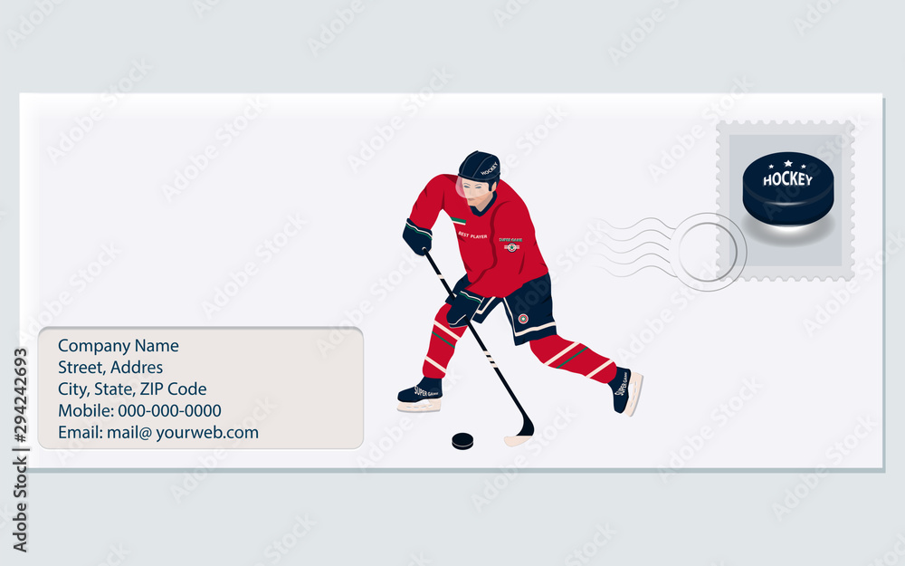 Hockey player in bright outfit on the mail envelope, stamp, stamp, address - isolated on white background - vector. Travel Banner Winter Sport.