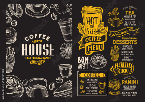 Coffee drink menu template for restaurant with doodle hand-drawn graphic.
