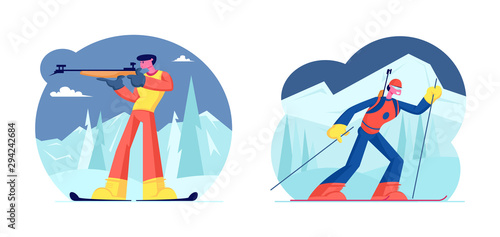 Biathlon Competition Set. Competitor Standing on Shooting Range Aiming to Target Aiming, Shooting and Hunting. Sportswoman Riding Skis on Rout. World Cup Tournament. Cartoon Flat Vector Illustration