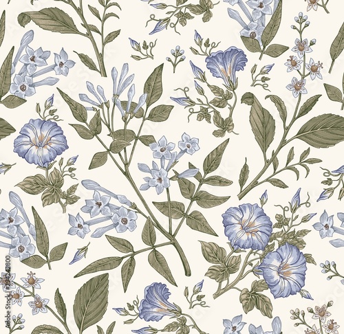 Seamless pattern. Beautiful fabric blooming realistic isolated flowers. Vinta...