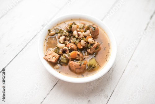 Minestrone Soup. Italian vegetable soup with beans and sausage healthy version