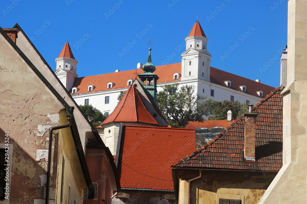 View of Bratislava castle from Farska street in Bratislava, Slovakia