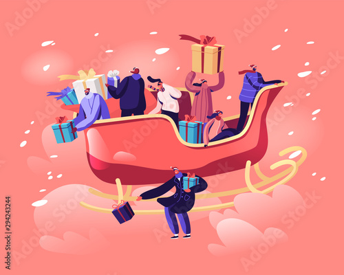 Happy Male and Female Characters Sitting in Santa Claus Sled Flying by Sky Throw Gifts and Presents on Ground. Xmas Celebration Concept. Santa Helpers Festive Greeting Cartoon Flat Vector Illustration