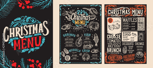 Christmas and New Year food menu template for restaurant. Vector illustration for holiday dinner celebration with hand-drawn lettering.