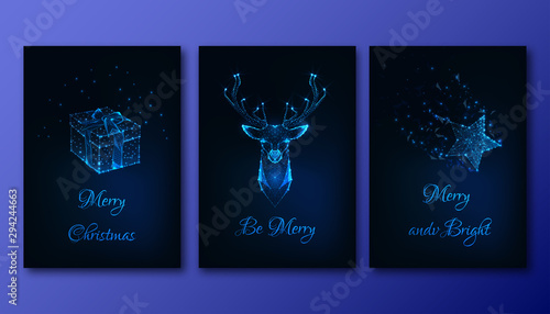 Merry Christmas greeting cards set with futuristic glowing low polygonal deer, gift box and star.