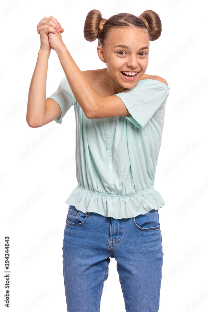 Portrait of teen girl happy and excited expressing winning gesture. Successful and celebrating victory, triumphant child making win sign. Beautiful caucasian teenager, isolated on white background. Portrait of teen girl happy and excited expressing winning gesture. Successful and celebrating victory, triumphant child making win sign. Beautiful caucasian teenager, isolated on white background.