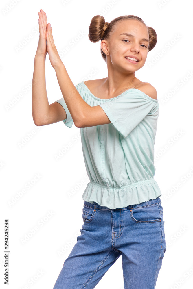 Emotional portrait of caucasian smiling teen girl clapping hands. Happy child joyfully, isolated white background. Beautiful funny teenager giving applause. Emotional portrait of caucasian smiling teen girl clapping hands. Happy child joyfully, isolated white background. Beautiful funny teenager giving applause.