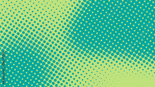 Halftone green and turquoise pop art background in retro comic style, fun dotted backdrop design