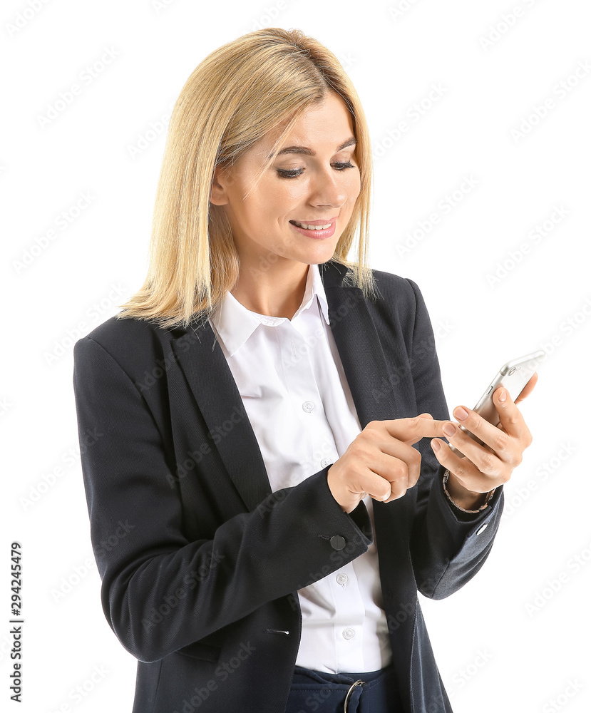 Beautiful stylish businesswoman with mobile phone on white background Beautiful stylish businesswoman with mobile phone on white background