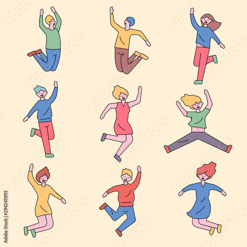 People are jumping with excitement and happiness.