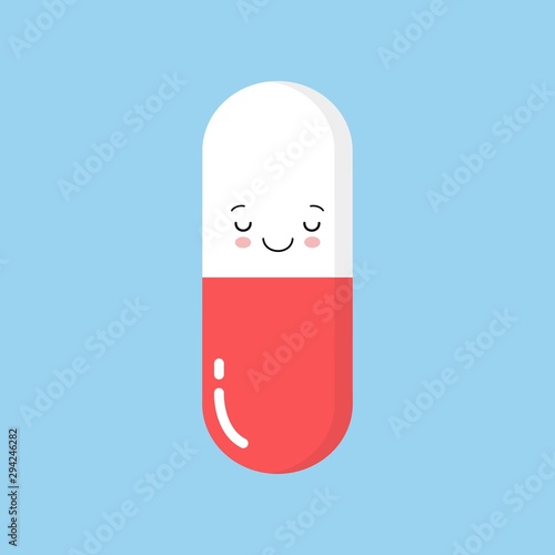 Cute happy smiling medicine pill capsule. Vector flat cartoon character illustration icon design. Isolated on blue background. Kawaii style