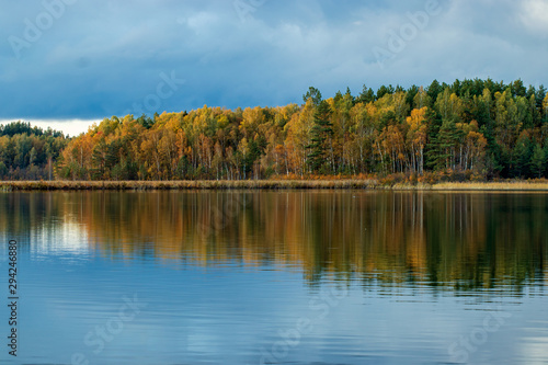 Autumn forest and lake with forest reflection
