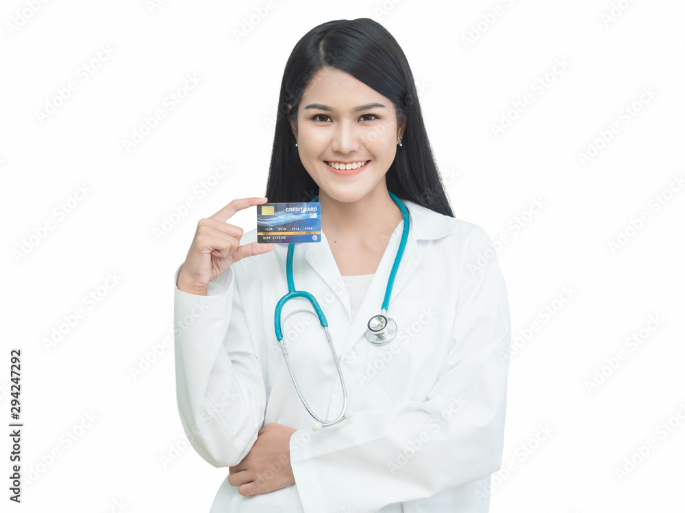 Portrait of a beautiful female doctor and holding a credit card isolated on white background with clipping path. Asian female doctor smiling and holding credit card in hand. Portrait of a beautiful female doctor and holding a credit card isolated on white background with clipping path. Asian female doctor smiling and holding credit card in hand.