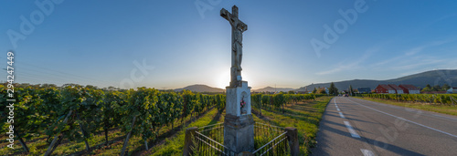 Wine route, France - 09 19 2019: On the road at sunset. The vineyards and the ordeal