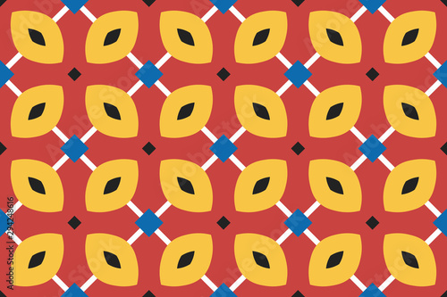 Vector seamless geometric pattern. Shaped black and blue squares and white lines and yellow, black rounded diamonds, red background.