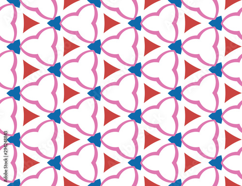 Vector seamless geometric pattern. Shaped in blue red and pink colors, white background.