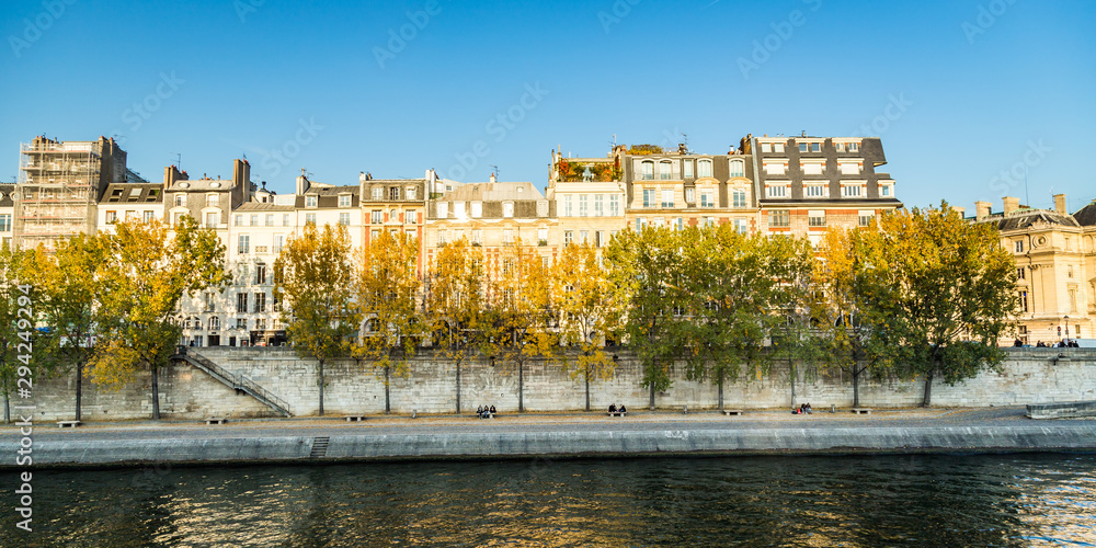 Panorama view of the quays of the river Seine in Paris France during the fall season