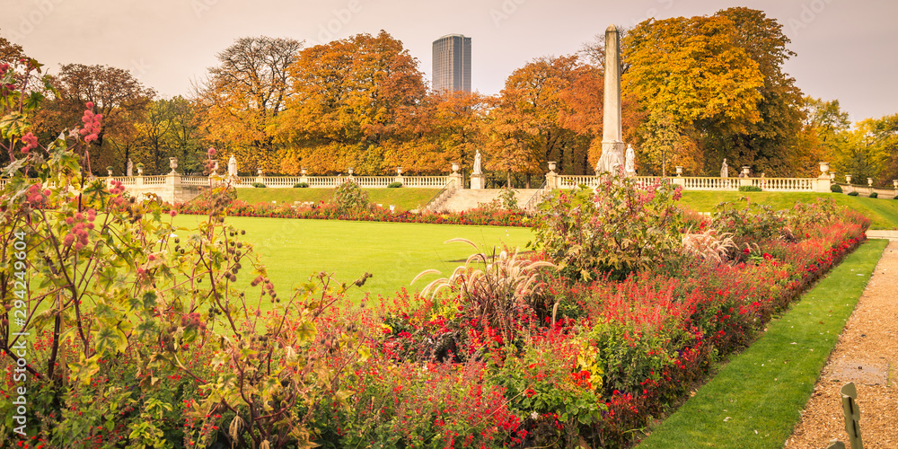 Tour Montparnasse seen from the Luxembourg Gardens, Jardin du Luxembourg in Paris France on an Autumn day, Paris in the Fall