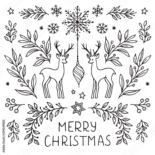Simple hand drawn floral Christmas card template with plants, leaves, snowflakes and deer