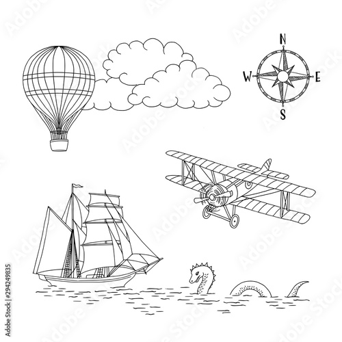 Hand drawn vintage map icons: boat, hot air balloon, airplane, sea monster and compass, black and white ink illustration