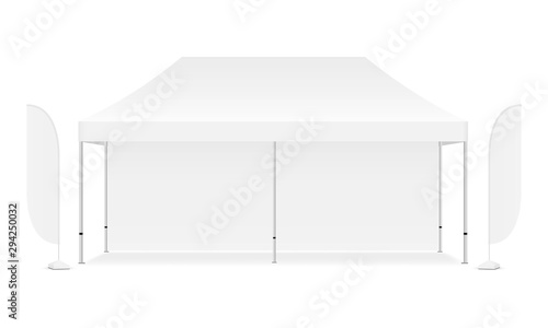 Rectangular advertising canopy tent with two promotional flags, isolated on white background. Vector illustration