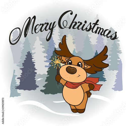 Cartoon deer with sparkler vector image isolated. Rudolf without costume. Merry Christmas Happy New Year design, flat style. Reindeer print for children. Toy reindeer. Holiday deer, Christmas mood 