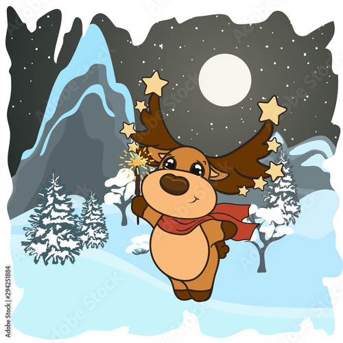 Cartoon deer with sparkler vector image isolated. Rudolf without costume. Merry Christmas Happy New Year design, flat style. Reindeer print for children. Toy reindeer. Holiday deer, Christmas mood 