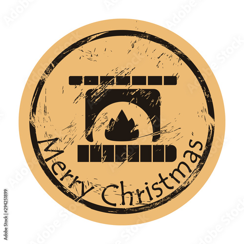 Fireplace with fire logo on craft paper background vector round shabby emblem design. Hearth silhouette, old retro style. Mail stamp. Round seal imitation. Vintage grunge icon stamp. Christmas theme.