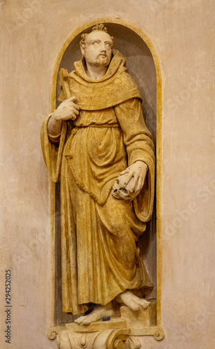 Pavia, Italy. 2017/12/2. Statue of Saint Francis of Assisi in the "Santa Maria del Carmine" church (Holy Mary of Carmel).