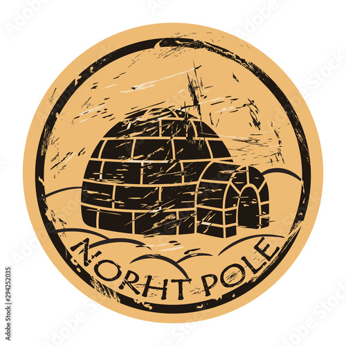 North Pole vector round shabby emblem design with igloo in old retro style. Ice house igloo sign round seal imitation. House from ice blocks logo on craft paper background. Vintage grunge icon stamp.