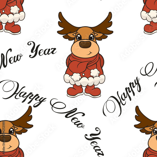 Cute Christmas cartoon deer character in warm Santa Claus's clothes vector seamless pattern. Merry Christmas and Happy New Year design greeting card. Christmas mood. Repeated print with deer Rudolf