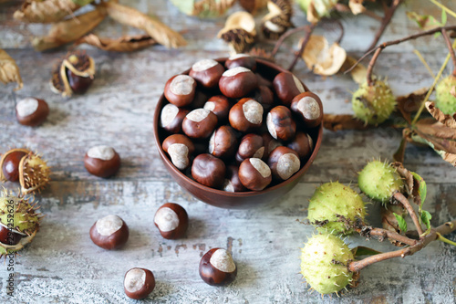 Chestnuts. A bowl of chestnuts. Leaves of a chestnut tree. Wood background. Selective focus.