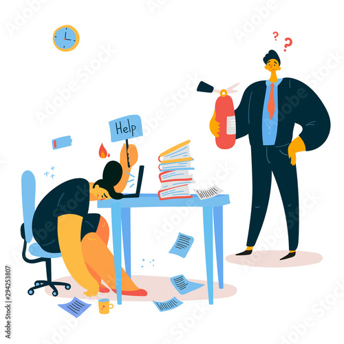 Emotional burnout woman sitting at her working place with computer in office and holds the sign Help.Boss tries to help his subordinate.Tired businesswoman with low battery,emotional burnout concept.