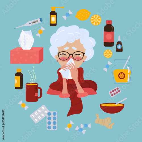 Old lady in glasses caught cold flu or virus. With red nose, high temperature and holds handkerchief. Ways to treat illness in a circle around. Vector isolated objects on blue background