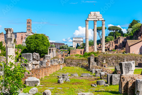 Ancient ruins of Basilica Julia and Temple of Castor and Pollux in Roman Forum, Rome, Italy