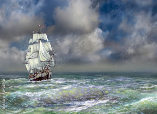 Old ship on the sea. Digital oil paintings sea landscape. Fine art  artwork